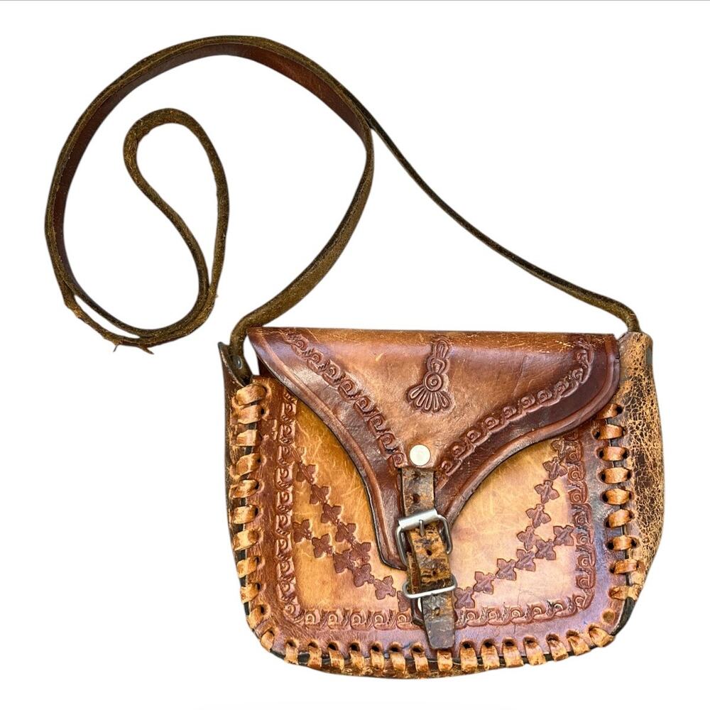 Vintage brown Tooled Leather Crossbody Bag boho retro western purse handcrafted